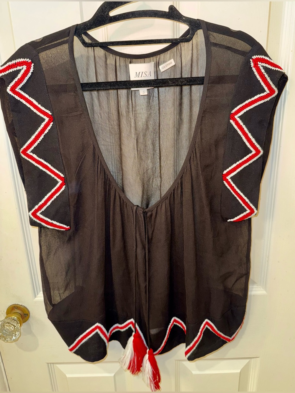 Misa Los Angeles Black Sheer Boxy Boho Top with Red & White Beaded Trim, Size S
